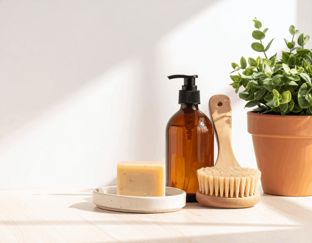 Vrac'ment Bio. Savon solide, brosse en bois et flacon réutilisable en verre ambré posés sur une table en bois clair, avec une plante verte en pot en arrière-plan.