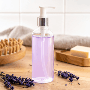 Gel douche lavande. Flacon de savon liquide à la lavande posé sur une table en bois, entouré de fleurs séchées de lavande, d’une brosse et d’un savon solide.