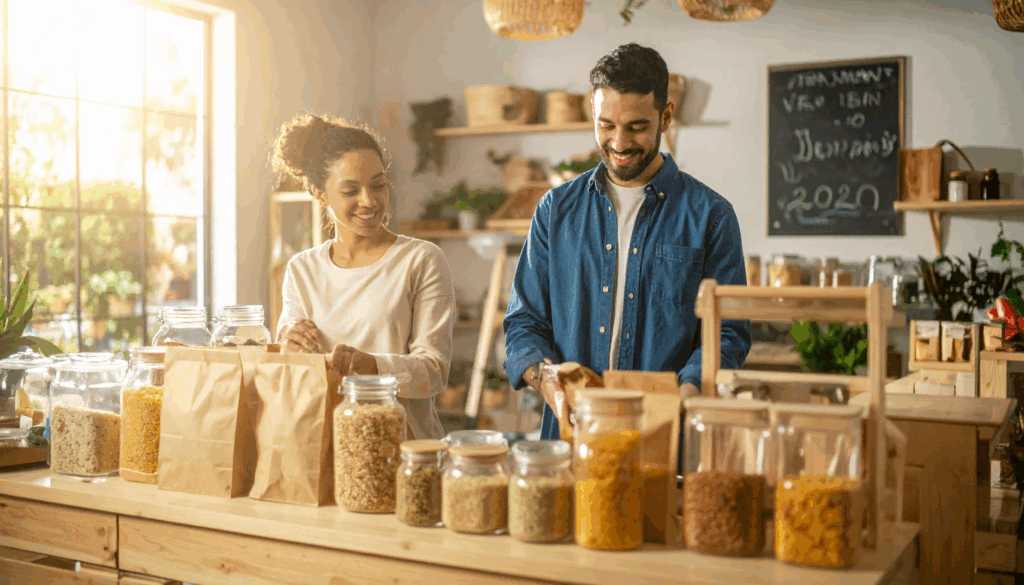 Vrac'ment Bio - Notre Marque. Deux personnes souriantes préparant des produits en vrac dans une épicerie lumineuse, entourées de bocaux en verre et de sacs en papier.