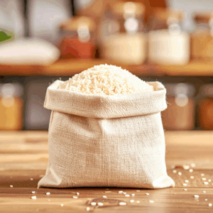 Riz complet local vrac. Sac en tissu beige rempli de riz posé sur une table en bois, avec quelques grains éparpillés et des bocaux floutés en arrière-plan.